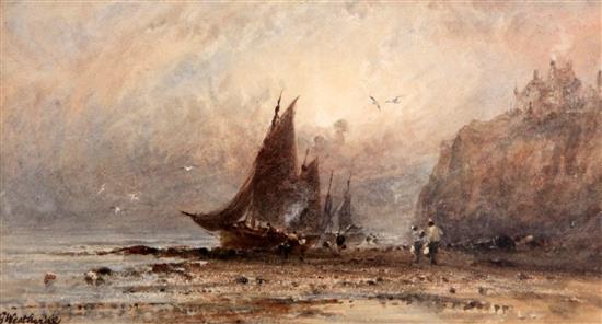 George Weatherill (1810-1890) Fishing boats at low tide, 4.25 x 7.5in.